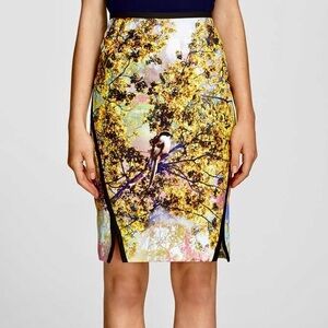 Ted Baker Size TB 2, US Size 6, Pretty Trees Print Bird Skirt Dusky Pink Black